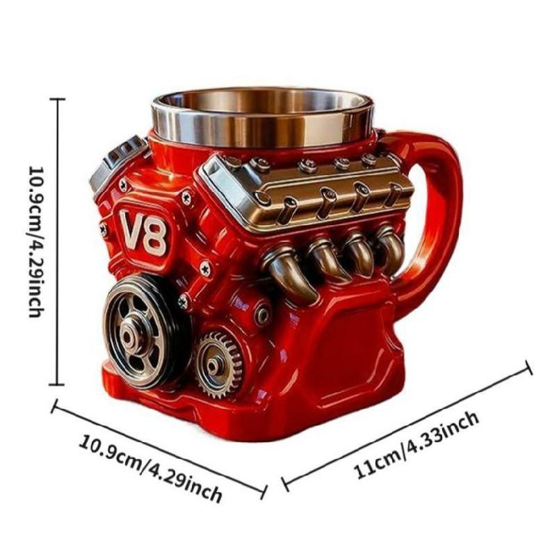 Engine-themed coffee mug, a retro-styled, realistic V8 engine stainless steel mug, a personalized double-walled insulated car mug with a handle, the perfect gift for Father's Day, Christmas, husbands, mechanics, and car enthusiasts.