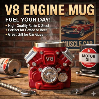 Engine-themed coffee mug, a retro-styled, realistic V8 engine stainless steel mug, a personalized double-walled insulated car mug with a handle, the perfect gift for Father's Day, Christmas, husbands, mechanics, and car enthusiasts.