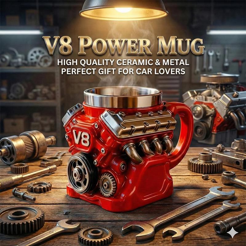 Engine-themed coffee mug, a retro-styled, realistic V8 engine stainless steel mug, a personalized double-walled insulated car mug with a handle, the perfect gift for Father's Day, Christmas, husbands, mechanics, and car enthusiasts.