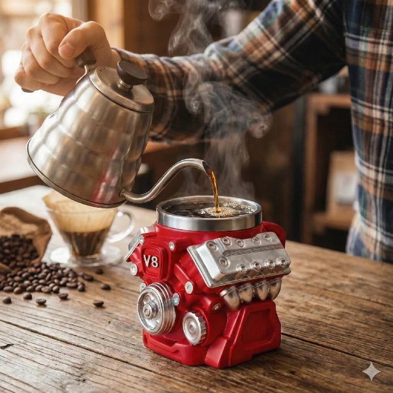 Engine-themed coffee mug, a retro-styled, realistic V8 engine stainless steel mug, a personalized double-walled insulated car mug with a handle, the perfect gift for Father's Day, Christmas, husbands, mechanics, and car enthusiasts.