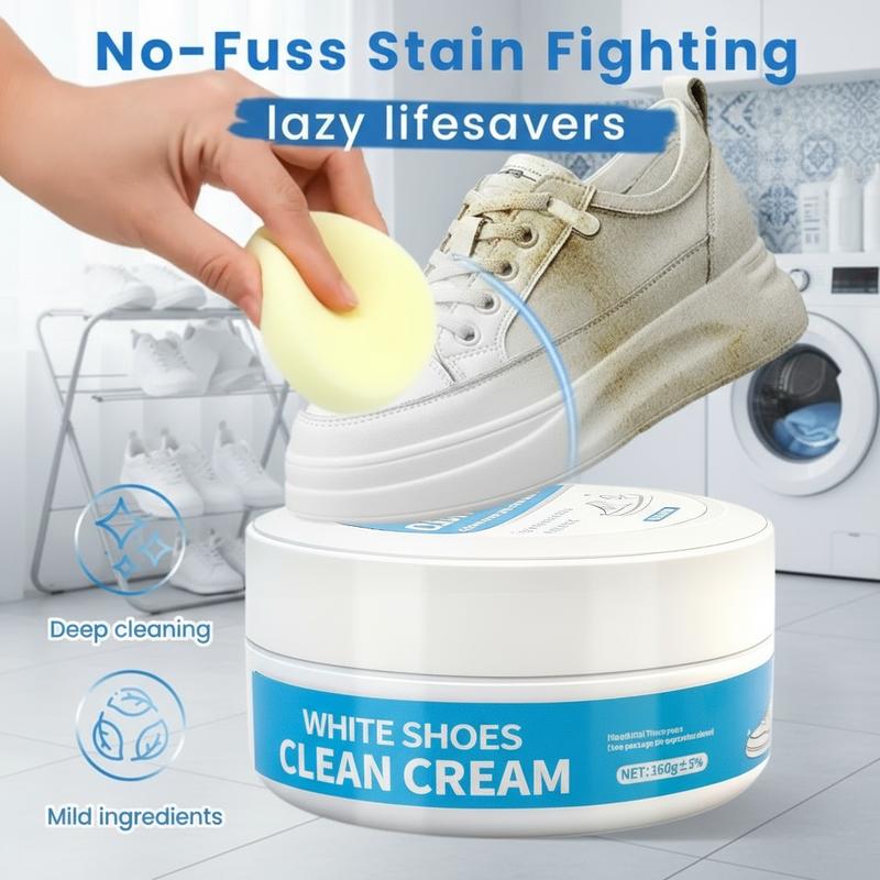 White Shoe Cleaner Cream Multipurpose No-Wash Solid Comes with Sponge Removes Stains Ideal for Leather Silicone Car Interiors Mild Non-Irritating Eco-Friendly