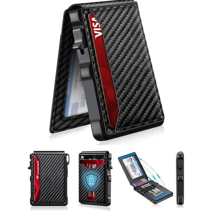 💼🔒Premium Aluminum RFID Blocking Minimalist Wallet for Men — Pop-Up Card Access, Money Clip & ID Window